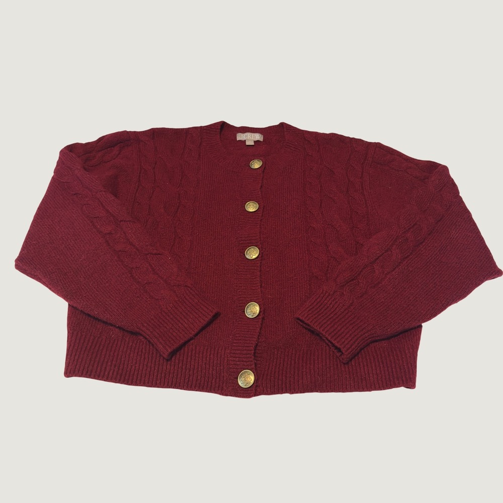 J.Crew Burgundy Cardigan Merino Wool Alpaca Cable Knit Med Academic Sweater